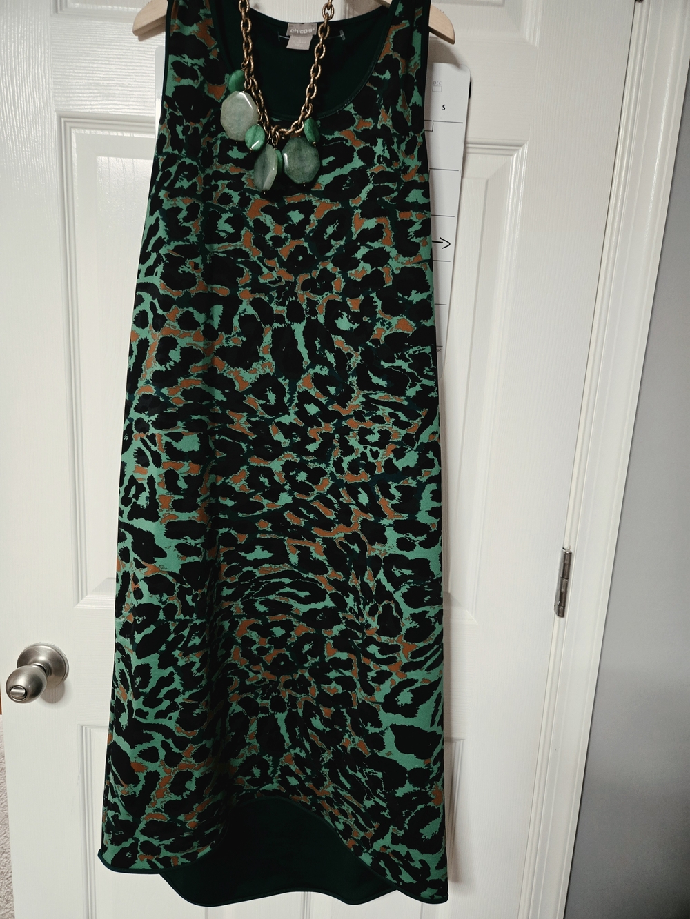 Chico's Green and Black Animal Print Maxi Dress High Low. New Chico Necklace inc